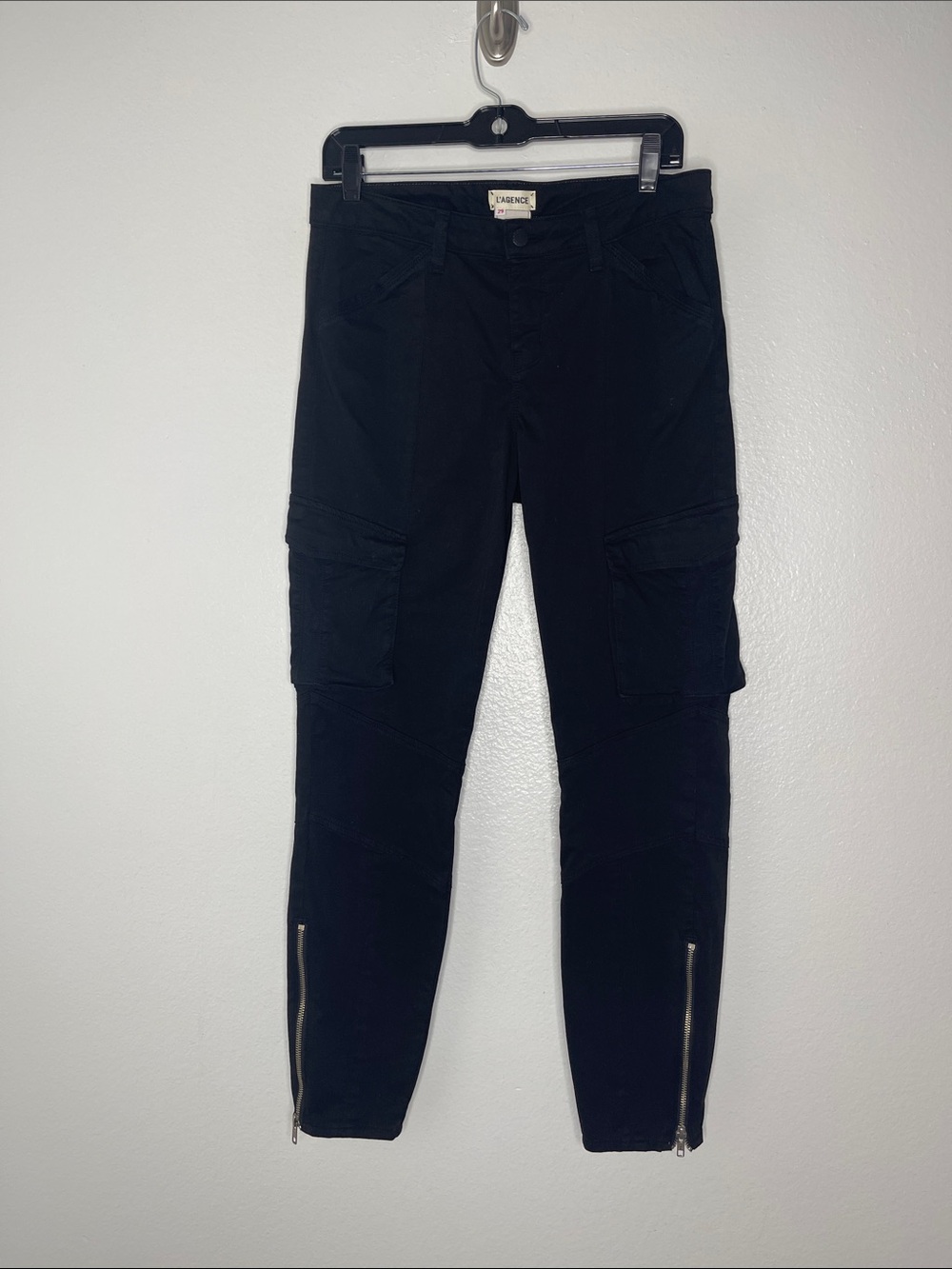 Revolve L'Agence Montgomery Skinny Stretch Cargo Pants Noir Black Mid Rise SZ 28